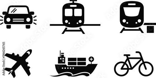 Set of Transportation Icons Featuring Passenger Car Modern Train Subway Airplane Cargo Container Ship and Bicycle Isolated on White Background for Global Logistics Vector