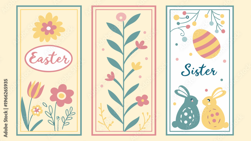 Fototapeta premium Three vertical easter themed bookmarks with floral and bunny designs