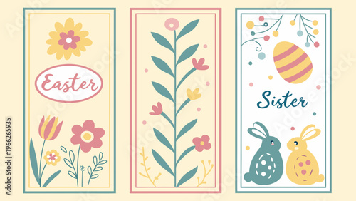 Three vertical easter themed bookmarks with floral and bunny designs