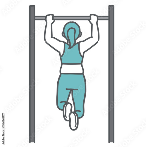 懸垂（チンニング）をするぽっちゃり体型の女性の後ろ姿のイラスト