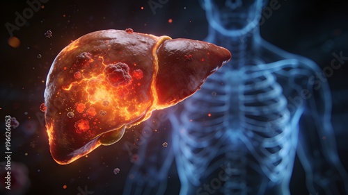 Liver cancer and tumor growth medical concept, glowing diseased hepatic organ with red spots on blurred blue human skeleton background, diagnosis and treatment