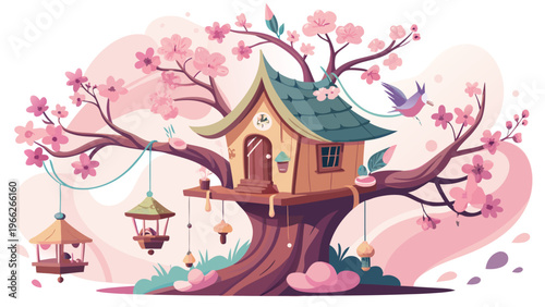 A whimsical treehouse nestled among blossoming pink cherry branches