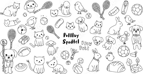 Canvas Print Cute Cartoon Pets and Sports Equipment Doodle Set