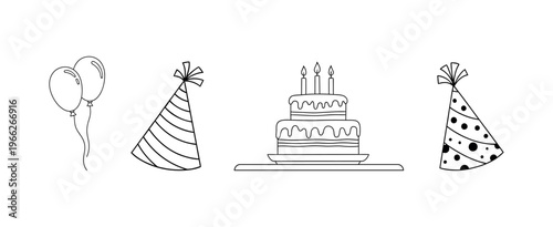 Birthday party celebration set with cake balloons and festive hats line icons