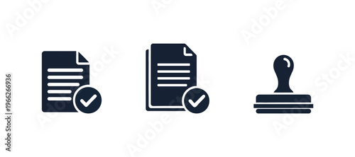 Approved Document Icons Set with Verified Check mark and Official Rubber Stamp Symbol