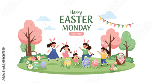 Happy Easter Monday greeting card with children wearing bunny ears enjoying an outdoor egg hunt celebration amongst decorated eggs and festive garlands