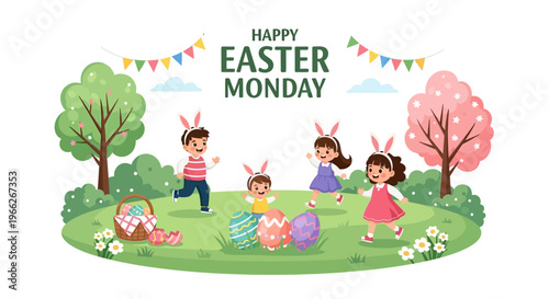 Cheerful children in bunny ears enjoy an outdoor Easter egg hunt in a vibrant park setting, celebrating spring with fun activities and colorful eggs