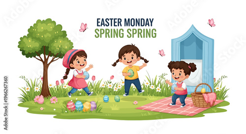 Joyful children celebrate spring with an Easter egg hunt, playing happily outdoors amidst colorful flowers and fluttering butterflies in a vibrant garden scene