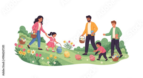 Cheerful multi-ethnic families celebrate Easter with an exciting outdoor egg hunt, children and adults collecting colorful eggs on a green spring hill with flowers