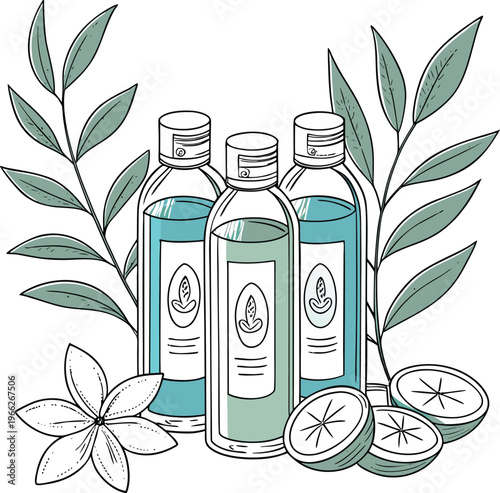 Three Glass Bottles with Blue and Green Liquids ? Serene Spa-Inspired Natural Display.