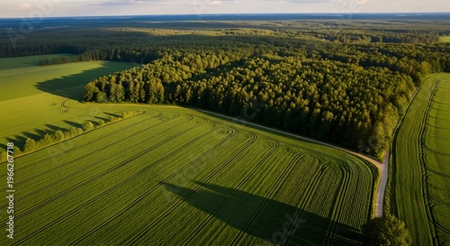 Aerial View of Lush Green Fields and Forest Edge.