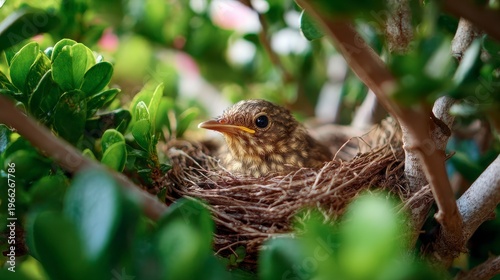 Close-up of a fledgling bird nestled inside a woven nest, surrounded by lush green foliage, basking in natural sunlight