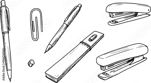Hand-drawn Office Supplies Sketch Set. Pens, Staplers, Paperclip, Pencil Case in Black and White Line Art. Essential Stationery Collection Illustration.