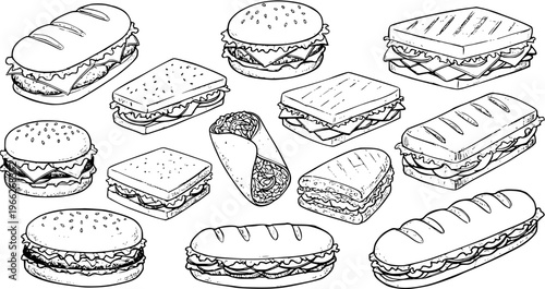 Hand-Drawn Black and White Set of Various Fast Food Items: Burgers, Sandwiches, Submarine Rolls, Panini, and Burrito Wrap Illustration