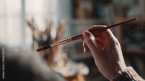 Close-up of a hand holding a paintbrush, ready to create art. The scene is bright and indoors, with focus on the brush