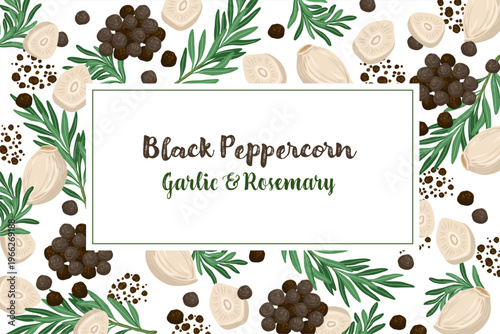 Rosemary and garlic clove card background. Rectangular vector hand drawn illustration for cafe menu and restaurant template. Italian food cartoon black peppercorn drawing for product packaging design.