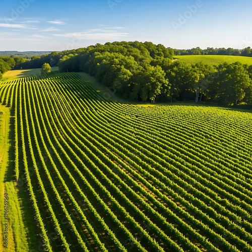 Aerial View of Lush Vineyard Rows in the Countryside.