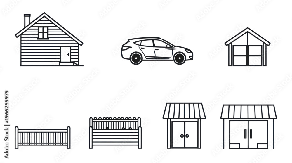 Naklejka premium Outline Icons Collection of Simple Line Art Illustrations Featuring House Car Shop and Fence