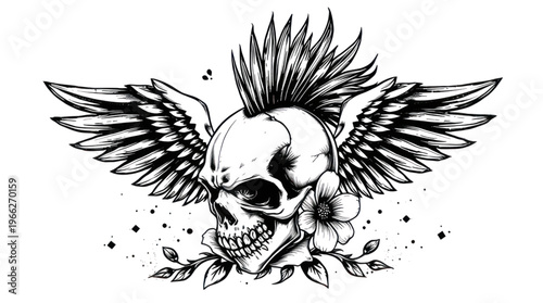 Skull with Dark Gothic Wings and a Punk Mohawk on a Transparent Background
