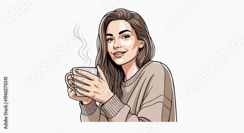 A smiling woman holding a steaming cup of coffee in a cozy sweater