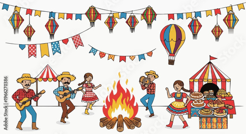 A vibrant illustration of a festive party scene with people dancing around a campfire