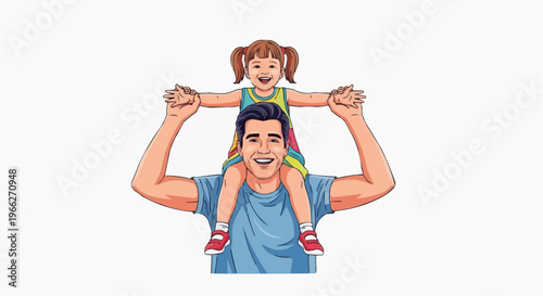 A happy father carrying his little daughter on his shoulders with joy