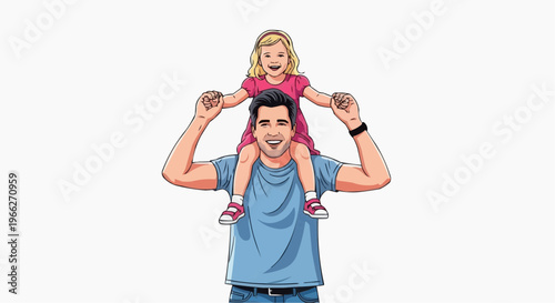 A happy father carrying his little girl on his shoulders with joy
