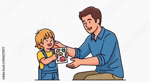 A cartoon illustration of a man and a child exchanging a colorful paper