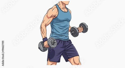 A muscular man lifting dumbbells in a dynamic fitness pose
