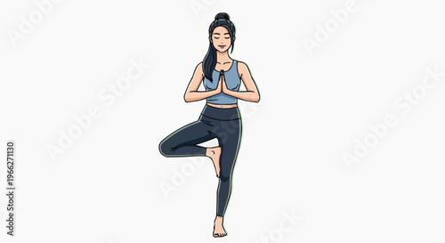A woman in a yoga pose with one leg raised and hands together