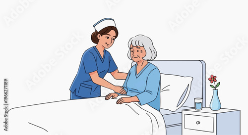 A nurse in blue scrubs assists an elderly woman in bed