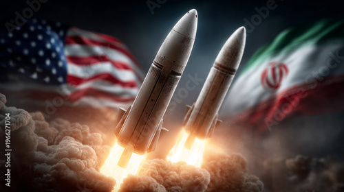 Missiles Against Flags: Symbolic depiction of international tensions, featuring missiles soaring against the backdrop of national flags, evoking themes of conflict and defense.