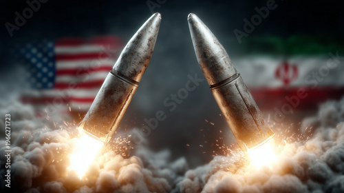 The Clash of Ideologies: Two missiles colliding, symbolic of the tension and conflict between the United States and Iran, against the backdrop of their respective flags.