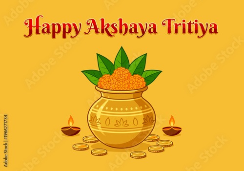 Traditional Indian Pot with Flowers Coins and Diyas on a Gold Background