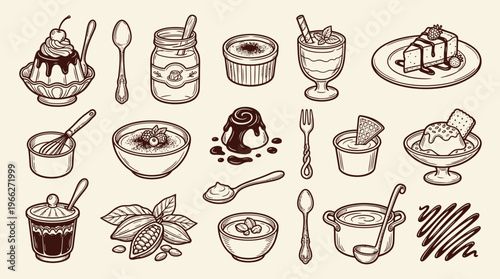A charming collection of hand-drawn illustrations depicting various desserts, sweet treats, and related culinary items, presented in a vintage sketch style.