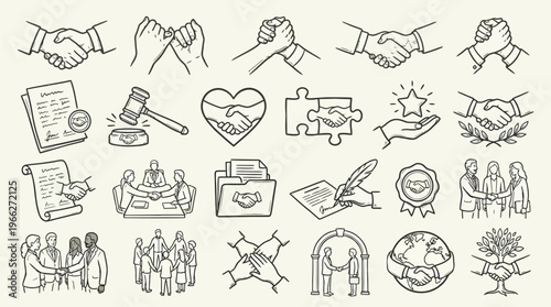 A collection of hand-drawn icons representing business, law, partnership, and agreement concepts, including handshakes, legal documents, and group collaborations.