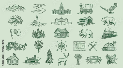 A collection of vintage-style illustrations depicting various elements of American history and nature, including landmarks, wildlife, and industry.