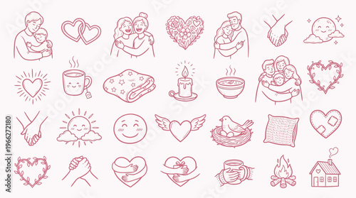 A collection of charming hand-drawn illustrations depicting love, comfort, and happiness in a soft pink color palette.