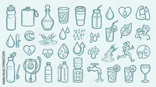 A collection of hand-drawn icons representing various aspects of water consumption, hydration, and water-related activities.