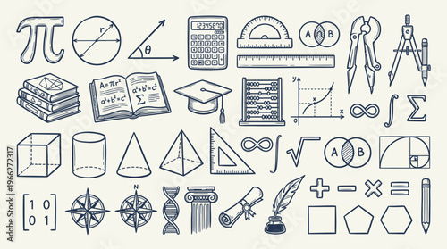 A comprehensive collection of hand-drawn mathematical symbols, geometric shapes, and scientific instruments, illustrating various branches of mathematics and science.