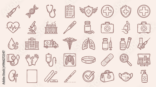 A comprehensive collection of hand-drawn medical icons representing various aspects of healthcare and medicine.