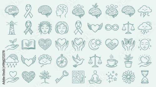 A collection of hand-drawn icons representing mental health, well-being, and personal growth, including brains, hearts, nature, and symbols of peace and balance.