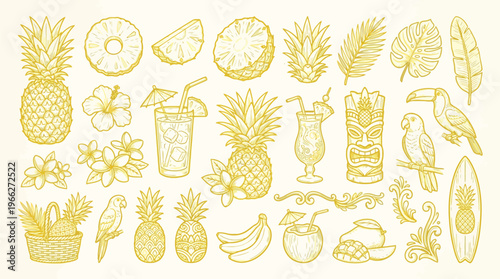 A vibrant collection of tropical-themed illustrations featuring pineapples, exotic fruits, tropical birds, flowers, tiki masks, and refreshing beverages, perfect for summer or vacation designs.
