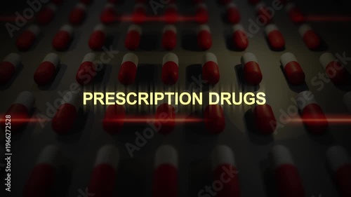 Prescription Drugs Text over Manufactured Pill Conveyor Belt Animation