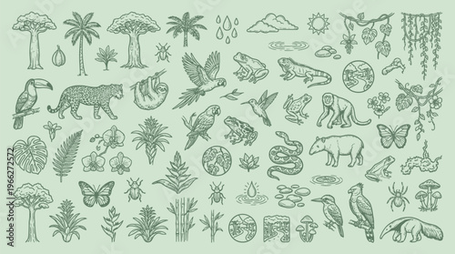 A detailed illustration of the Amazon rainforest ecosystem, showcasing diverse flora and fauna, including trees, flowers, insects, birds, mammals, and reptiles.
