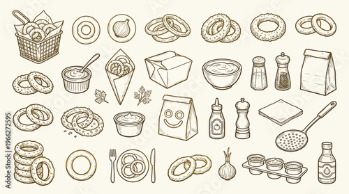 A comprehensive collection of hand-drawn illustrations depicting various aspects of onion rings and their accompaniments, presented in a vintage sketch style.