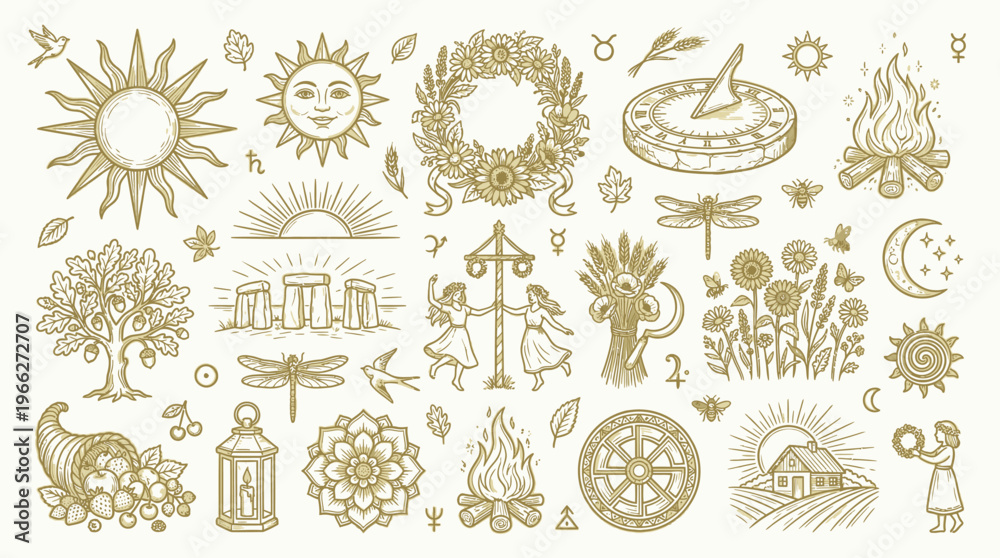 Αυτοκόλλητο A collection of hand-drawn, vintage-style illustrations depicting elements of nature, seasons, and traditional celebrations, including suns, moons, trees, flowers, bonfires, and solstice symbols