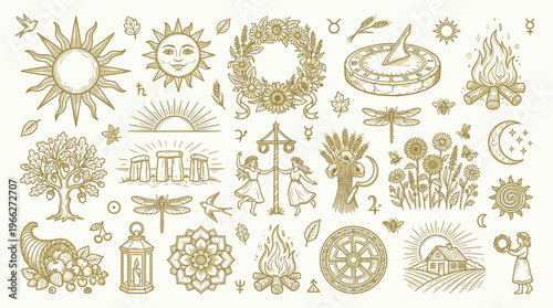 A collection of hand-drawn, vintage-style illustrations depicting elements of nature, seasons, and traditional celebrations, including suns, moons, trees, flowers, bonfires, and solstice symbols.