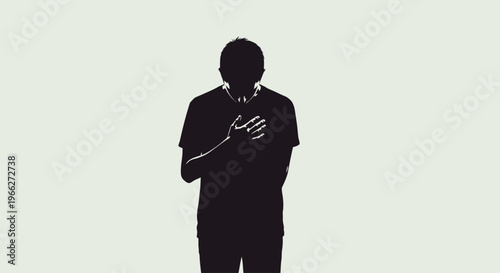 Silhouette of a person with hands on chest.