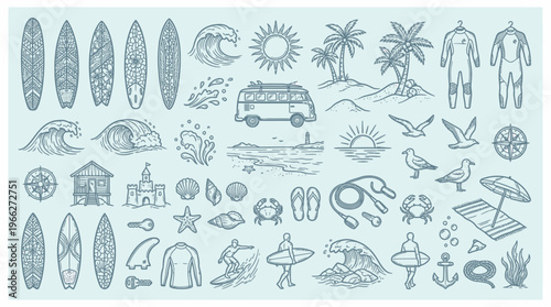 A comprehensive collection of hand-drawn illustrations depicting various elements associated with surfing, beach life, and summer activities.